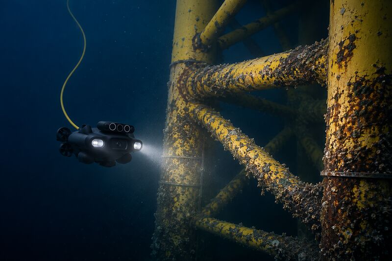 ROV inspecting an offshore oil and gas platform jacket structure